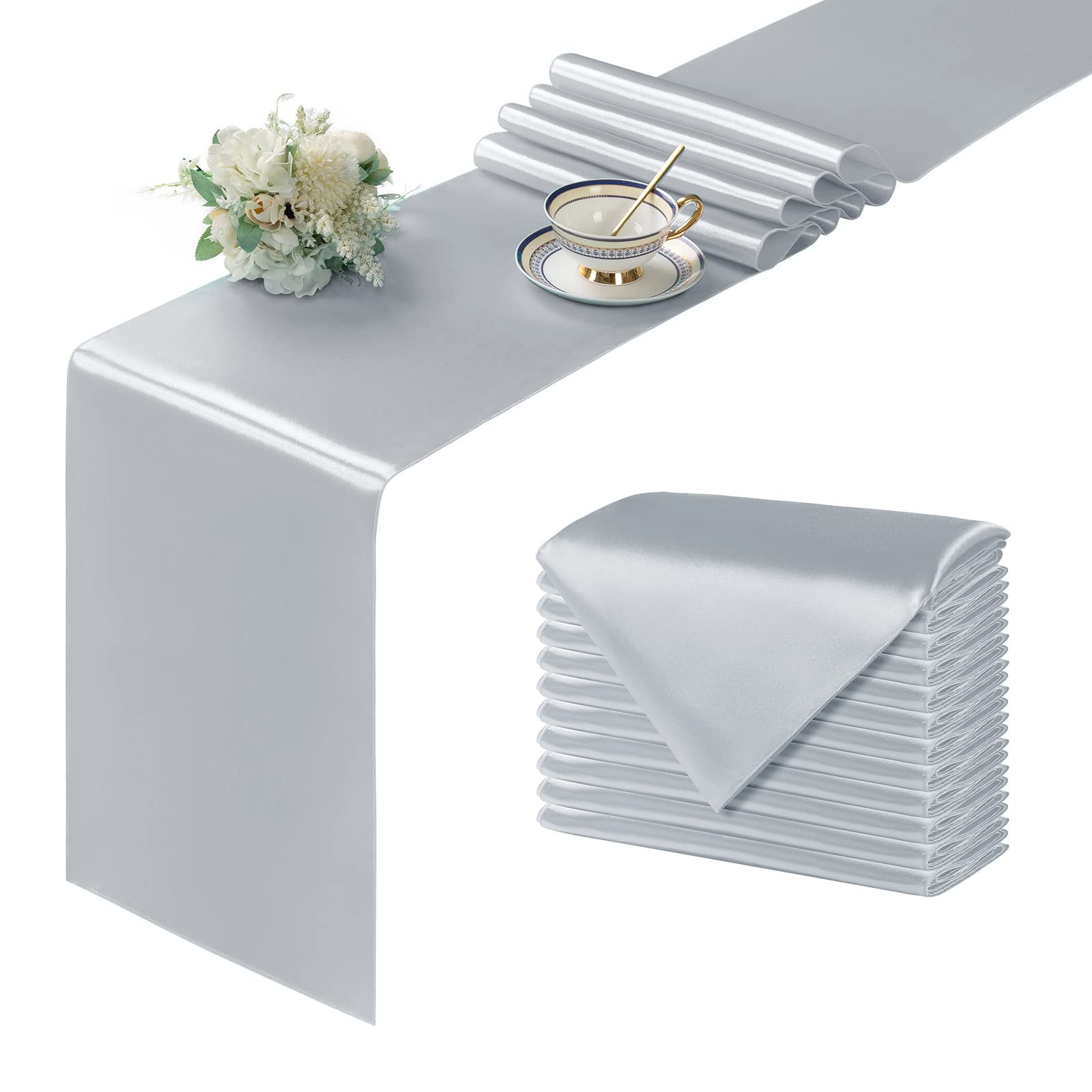 Manyshofu 12Pcs Satin Silver Table Runner - 12 X 108 Inch Long Size, Party Table Runner Decor Bright & Smooth Wedding Decoration