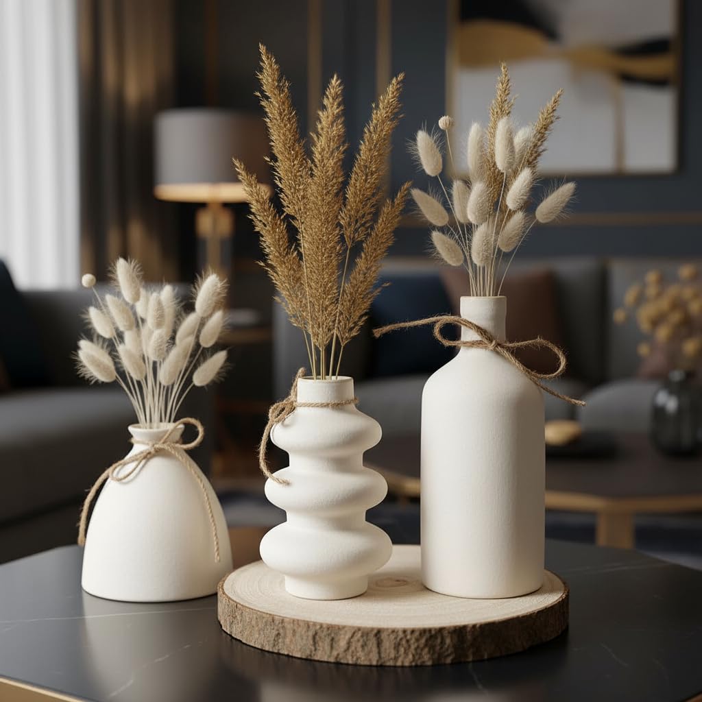 Purezento Konso Family White Ceramic Vase - Set Of 3 | Unique Shape Vases For Modern Home Decor, Shelves, Coffee Tables, Living