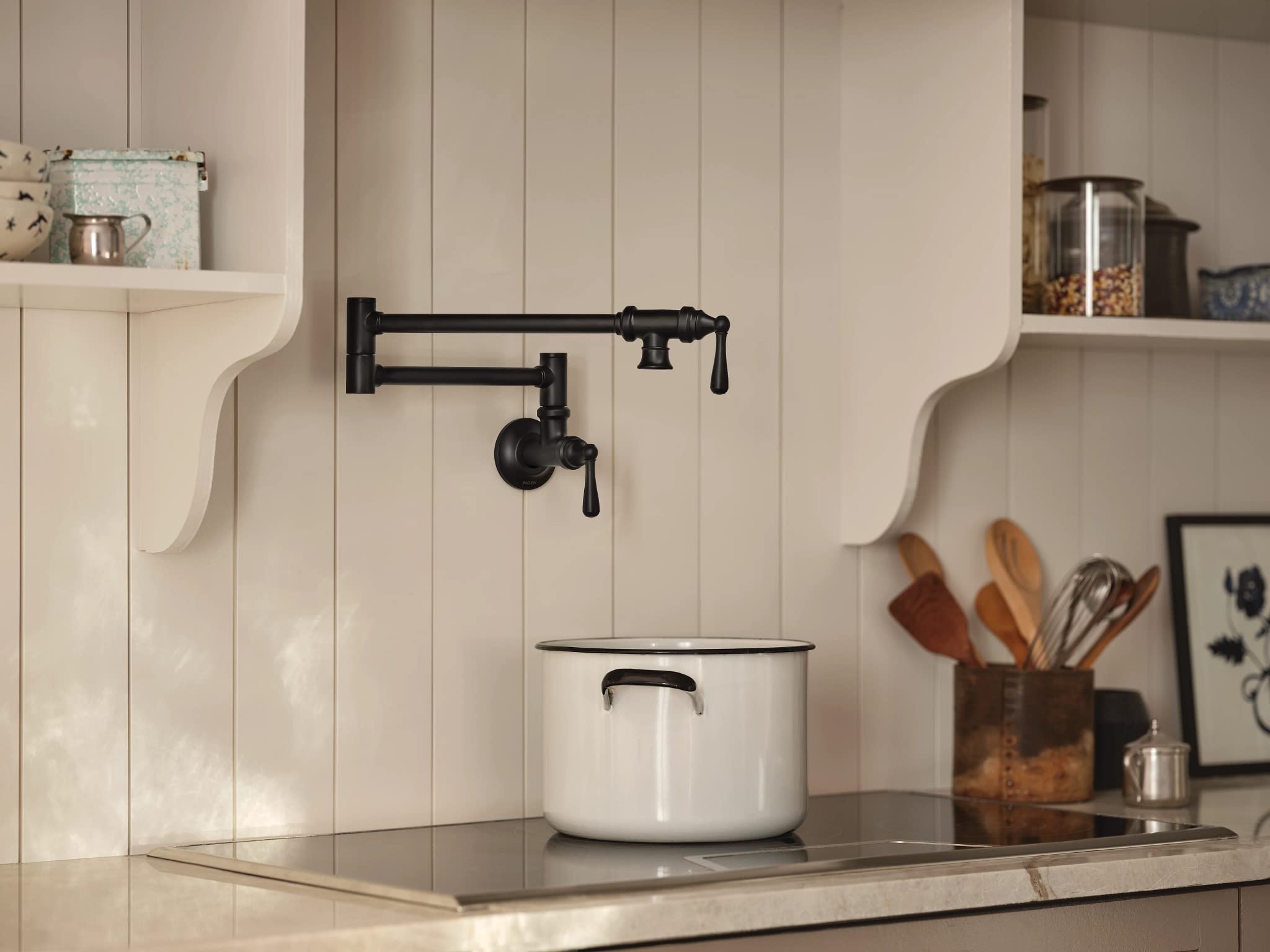 Moen S664Bl Traditional Wall Mount Swing Arm Folding Pot Filler Kitchen Faucet, Matte Black