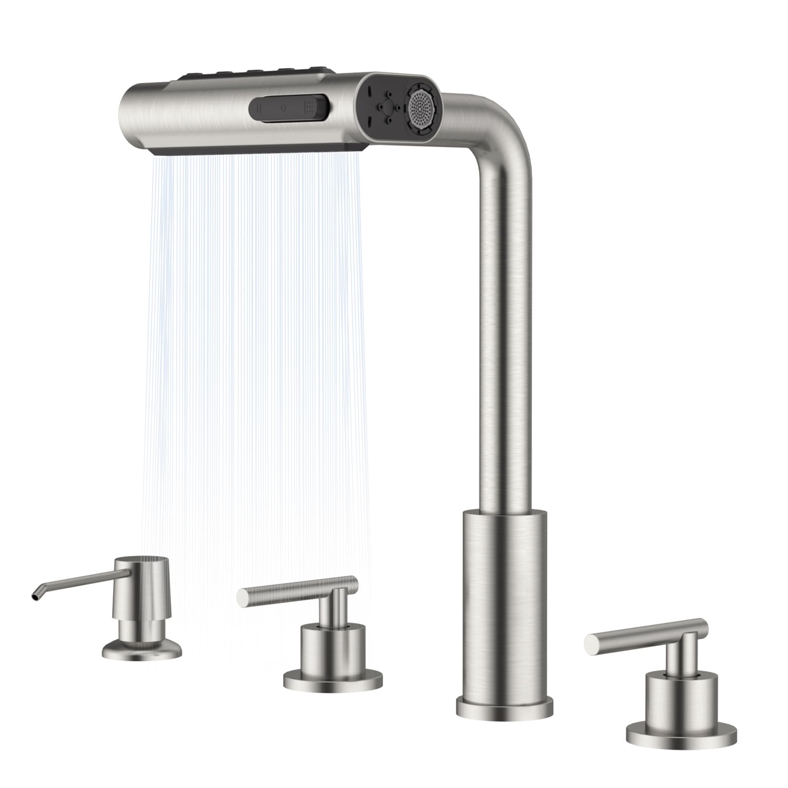 APPASO Waterfall 4 Hole Kitchen Faucet with Sprayer, 5 Modes Multifunctional Kitchen Sink Faucet with Soap Dispenser, Modern Bru