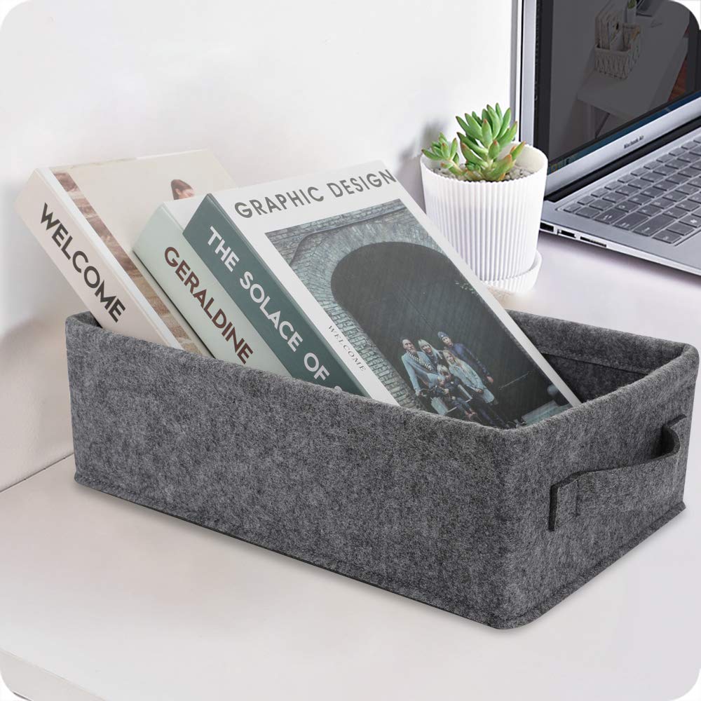KWLET Small Shallow Storage Basket, 14.8x10x5.1 Inch, Light Gray Felt, Ideal for Towels, Toys, Office Supplies - Model ZLMZ.MZ.L