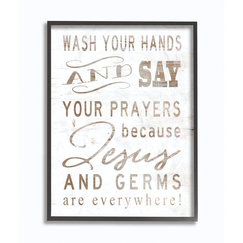 Stupell Industries White Wood Look Jesus And Germs Are Everywhere Wash Your Hands Sign Black Framed Wall Art, 24 X 30, Design By