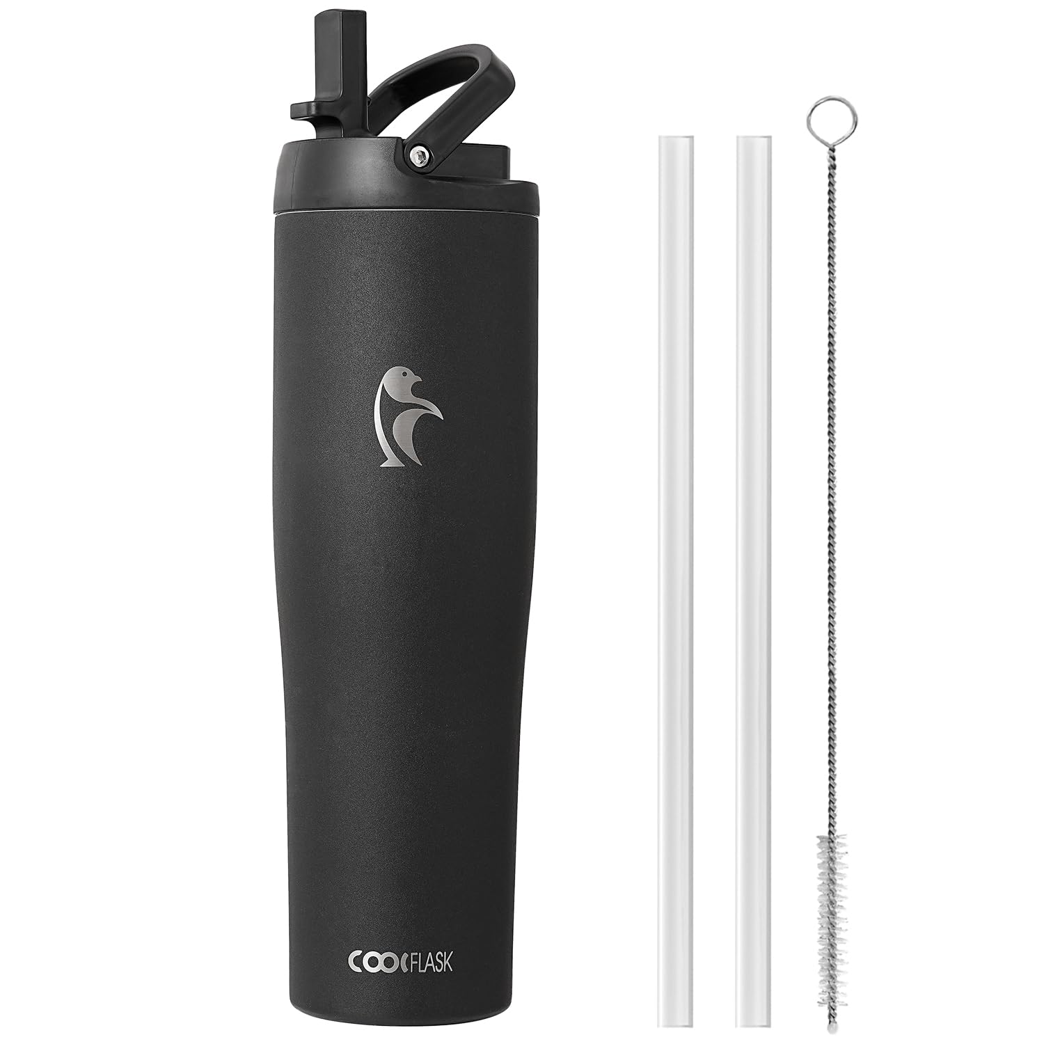 Coolflask 40 oz Insulated Water Bottle Fits Cup Holder with Straw & Handle
