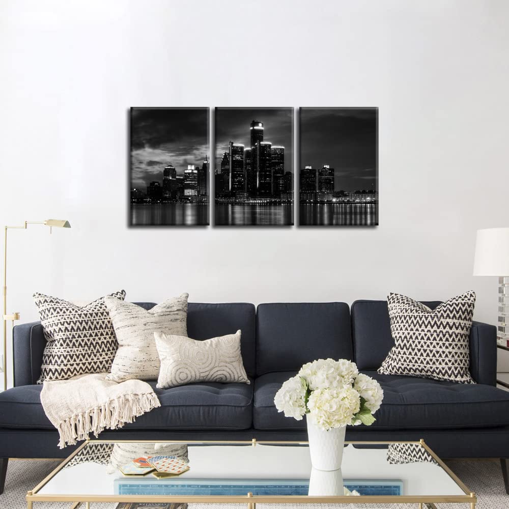 Nan Wind 3 Pcs Wall Art Beautiful Detroit Skyline Black & White Canvas Art Paintings For Room Decor Cityscape Skyscrapers Night