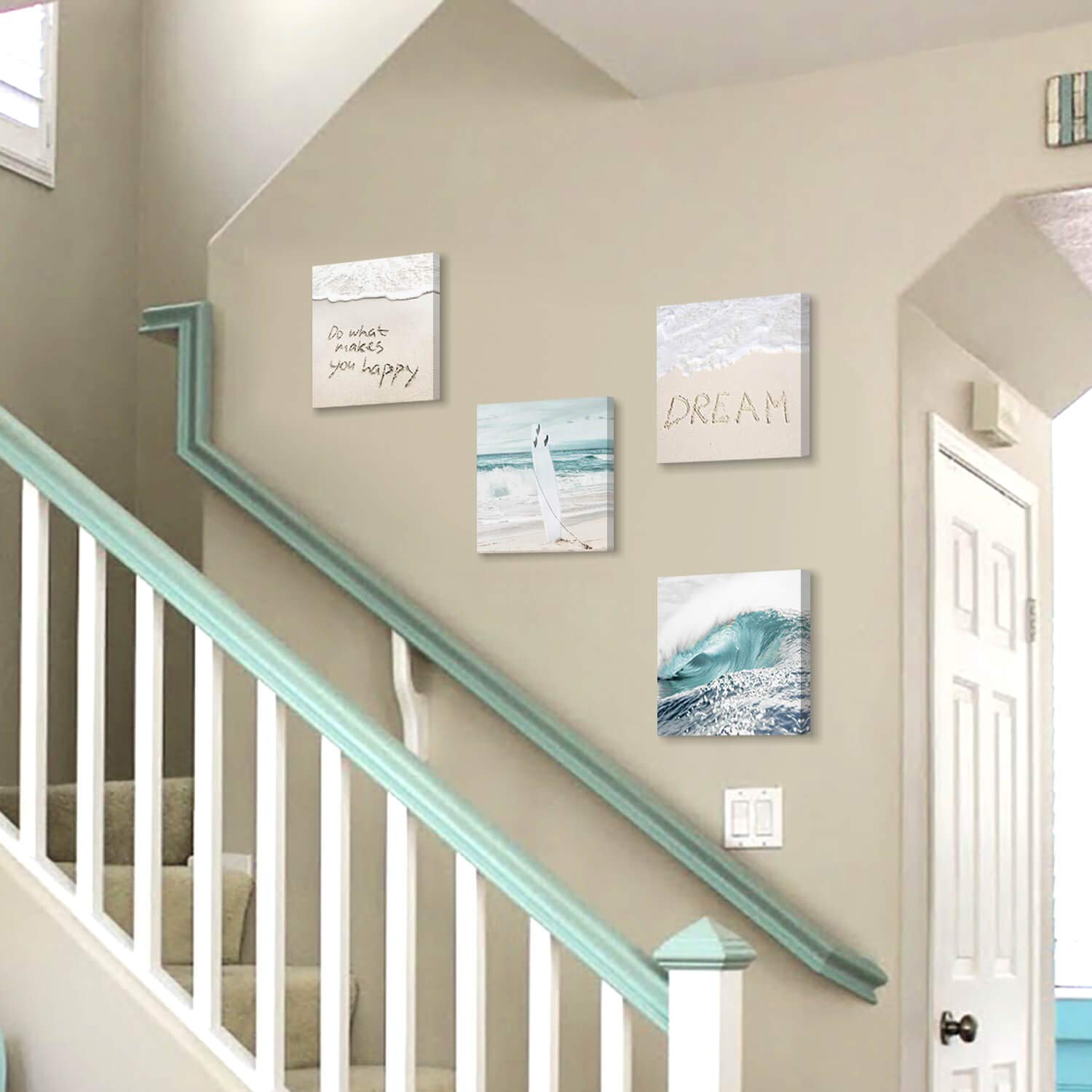 Beach Artwork Coastal Wall Art: Crashing Wave & Surfboard Painting With Words On Sand Picture Prints On Canvas For Bedroom (12