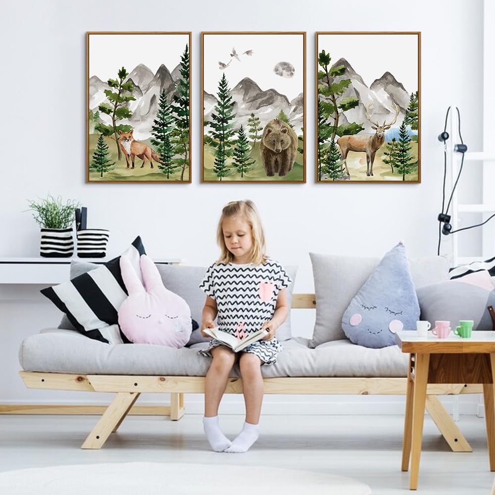 CHDITB Watercolor Forest Animal Nursery Wall Art  Framed Canvas Mountain Wall Decor  Nature Woodland Landscape Wall Painting  Fox Bear Deer Art Prints for Baby Bedroom  Living Room - 16''x24''x3