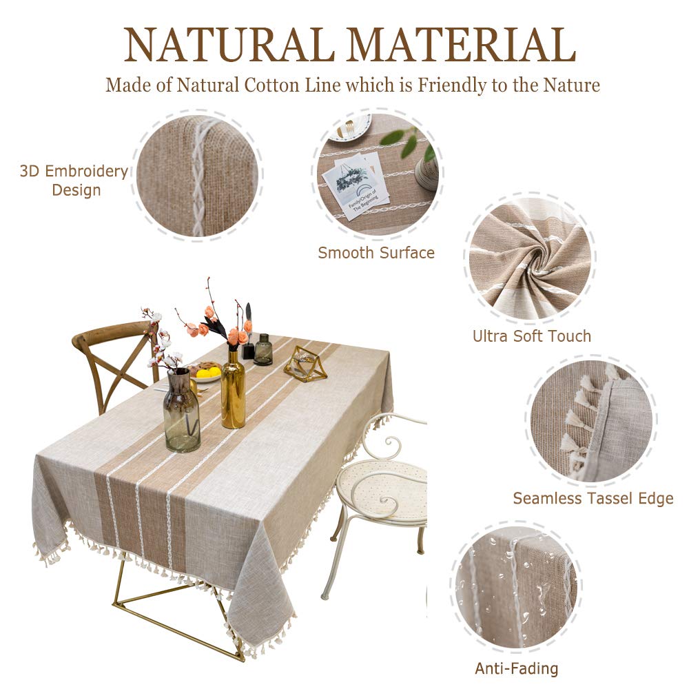 Tewene Tablecloth, Rectangle Table Cloth Cotton Linen Wrinkle Free Anti-Fading Tablecloths Embroidery Tassel Table Cover For Din