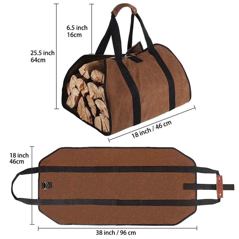 Tenn Well Firewood Carrier  38in x 18in 16oz Waxed Canvas Log Carrier for Firewood  Wood Carrying Bag with Handles Securing Straps for Indoors Camping Trip Christmas Gift (Brown)