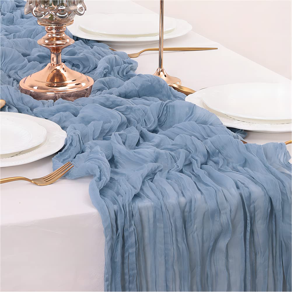 Linxtar Dusty Blue Cheesecloth Table Runner 10Ft Vintage Rustic Gauze Tablecloth 35X122 Inches Boho Elegant Wedding Baby Shower