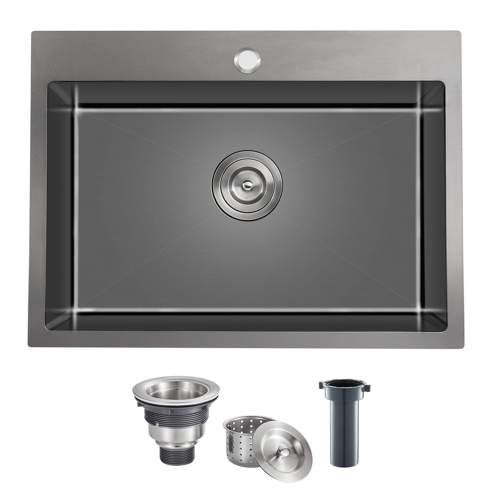 Tsibomu 24 Inch Drop In Kitchen Sink Black, 24X18 Inch Single Hole Kitchen Sink Topmount 18 Gauge Stainless Steel Single Bowl Ki