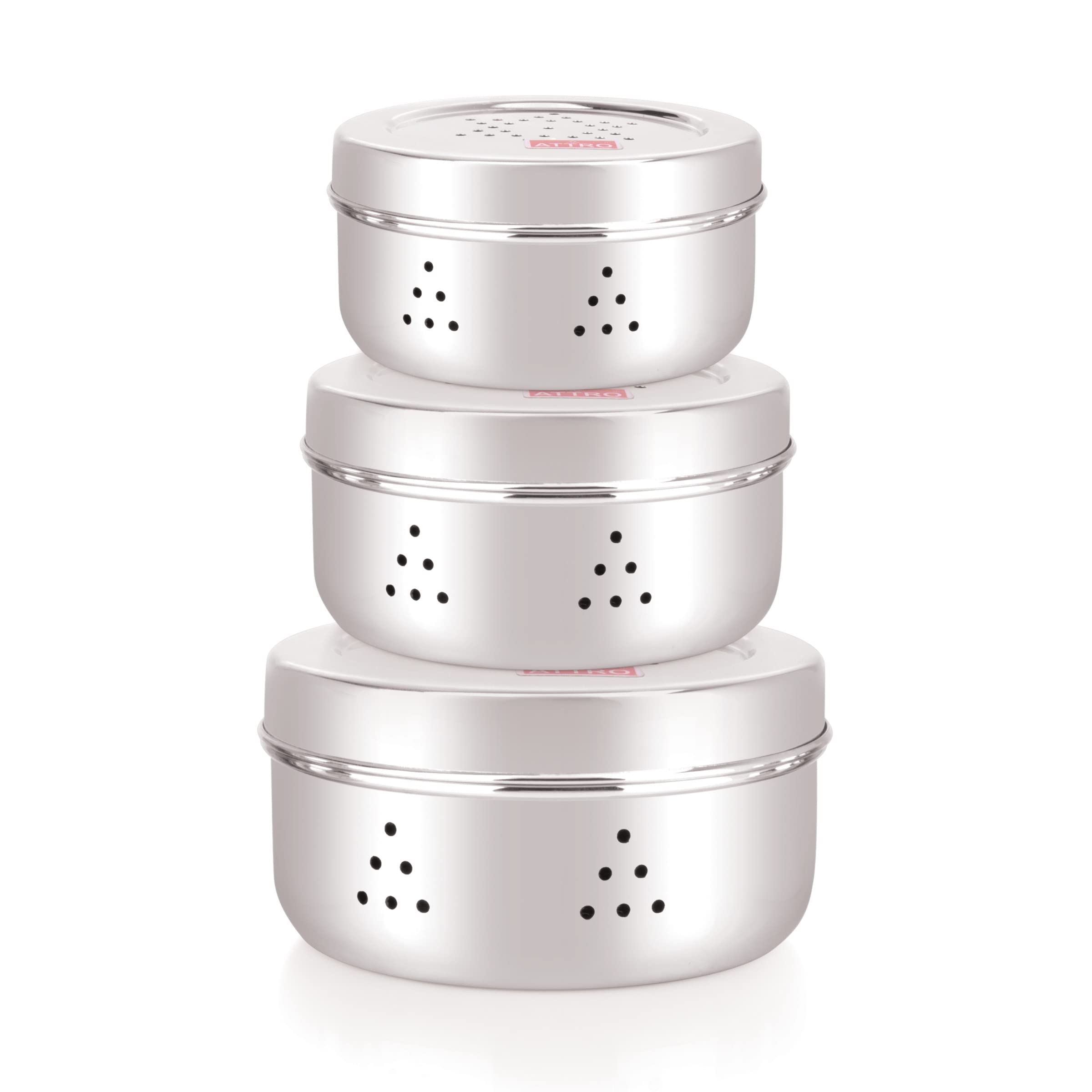 Attro Stainless Steel Hole Dabba With Air Ventilation, Food Storage Containers, Puri, Dhaniya, Sprout Maker, Dryfruits, Chocolat
