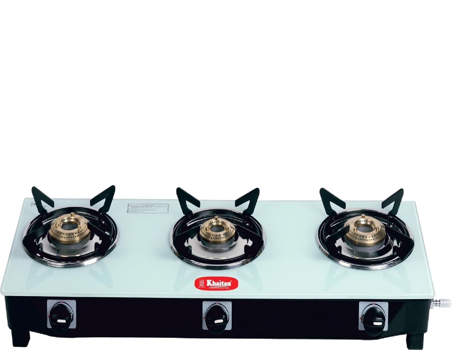 Khaitan 3 Burner Gio White Toughened Glass | Lpg Cooktop I Manual Ignition | Ergonomic Knob | With 1 Year Warranty | Pan India S