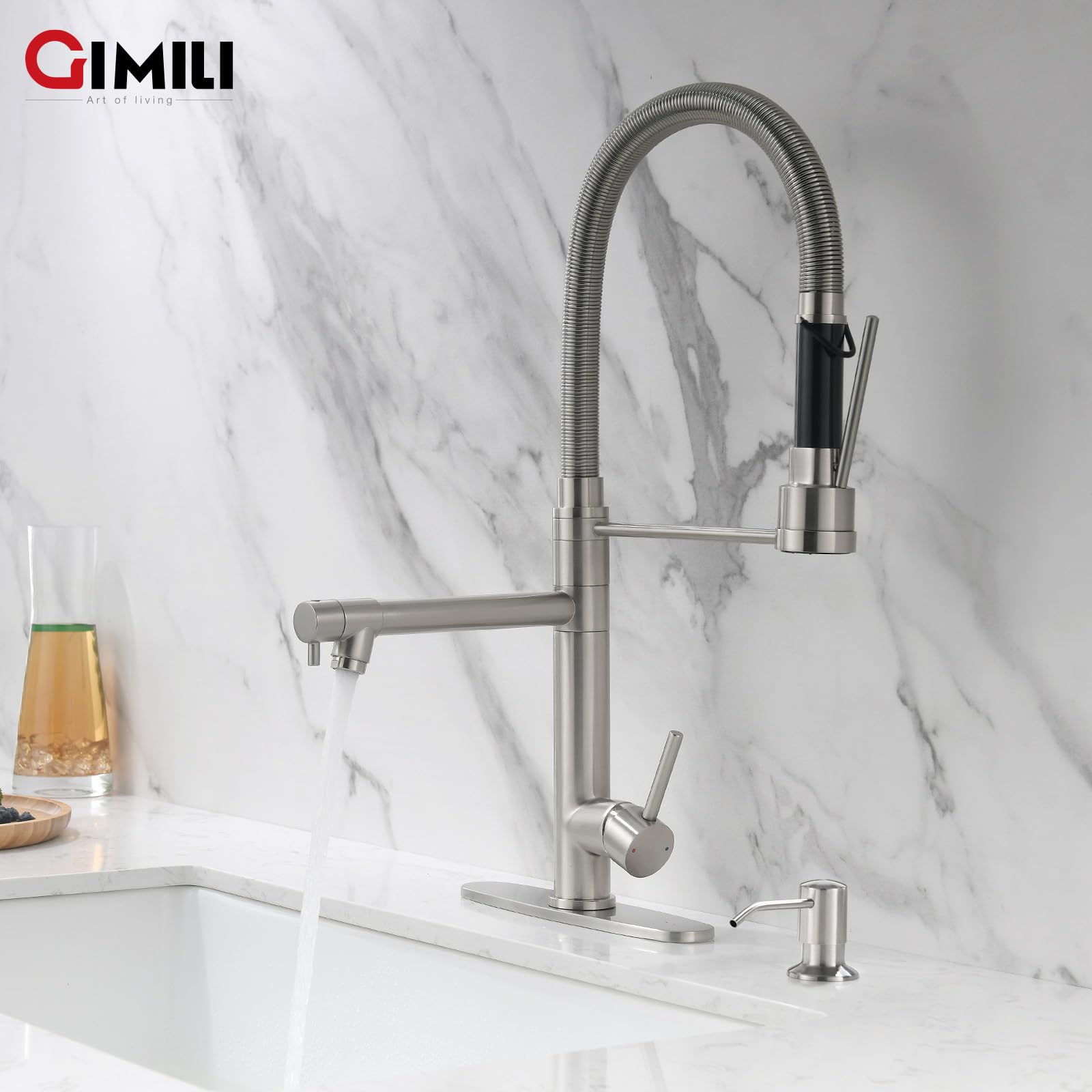 Gimili Kitchen Faucet With Soap Dispenser Commercial Kitchen Faucet With Pull Down Sprayer Double-Headed Single Handle Spring St