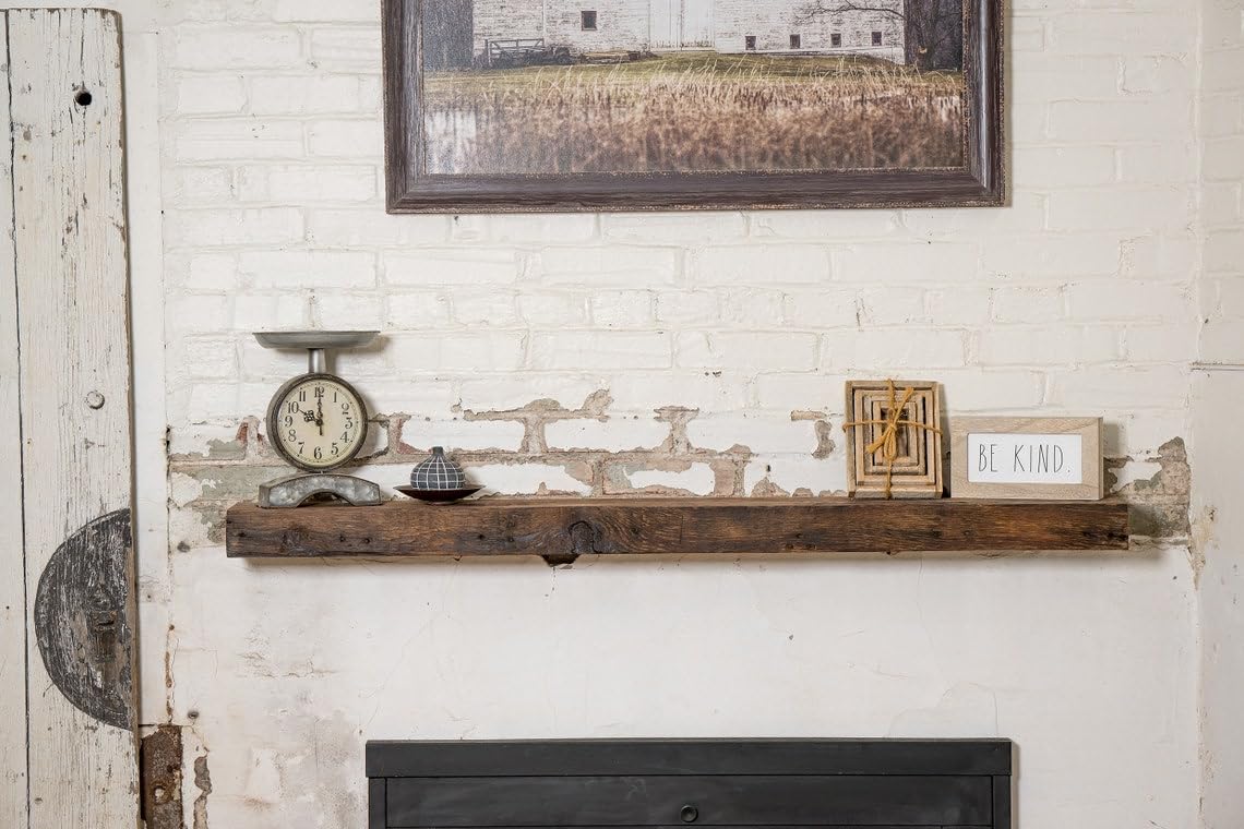 Modern Timber Craft Reclaimed Wood Fireplace Mantel Shelf | Solid Rustic American Barnwood With Floating Shelf Brackets | 2.75''