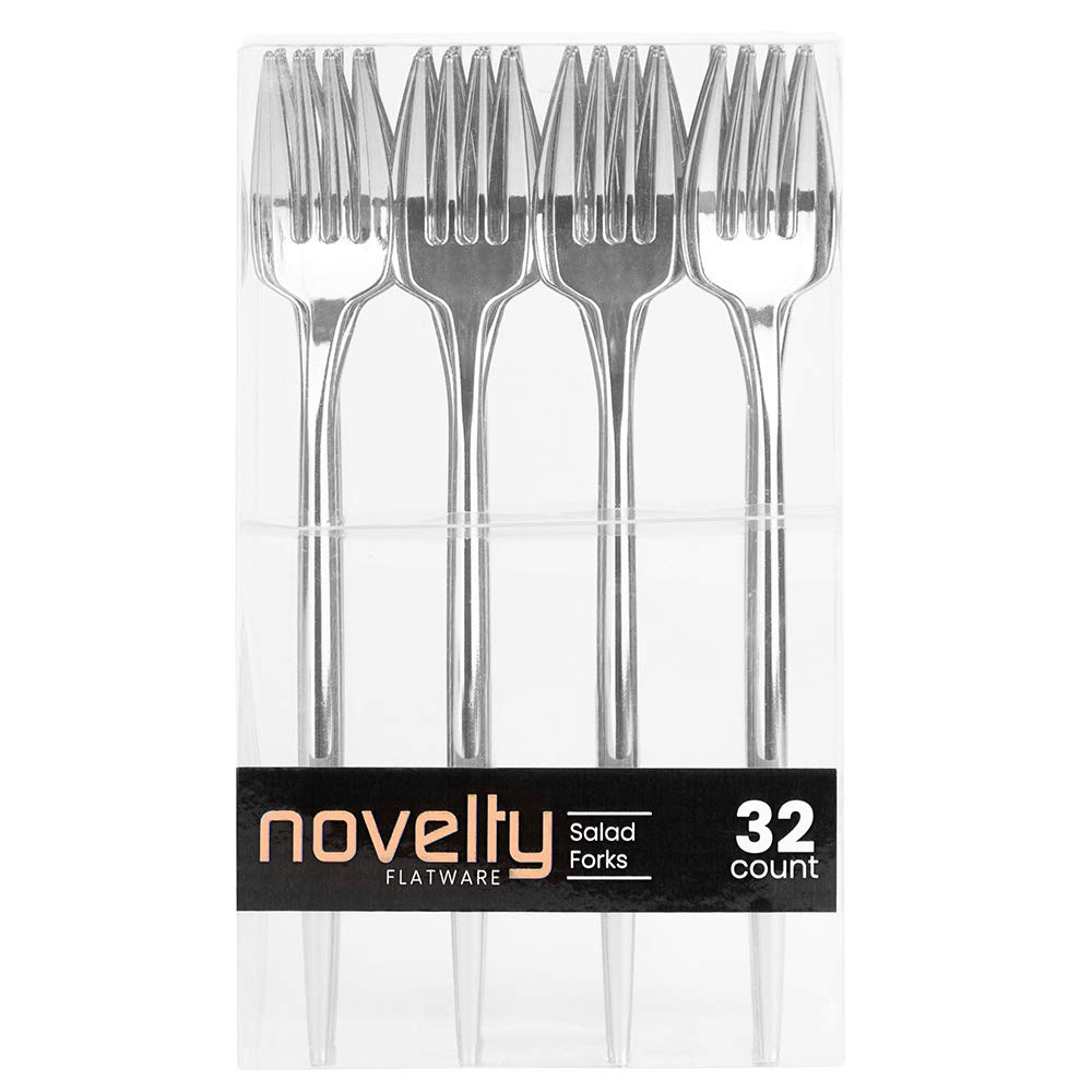 Novelty Flatware Silver Salad Forks - 32 Pieces - Modern & Stylish Plastic Flatware For Chic Table Settings, Perfect For Parties