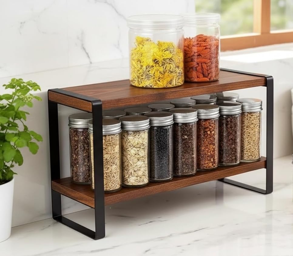 Madan Artisans 2 Tier Wooden Kitchen Rack, Wood And Metal Countertop Organiser For Kitchen, Bathroom And Office, 30X15X27 Cm