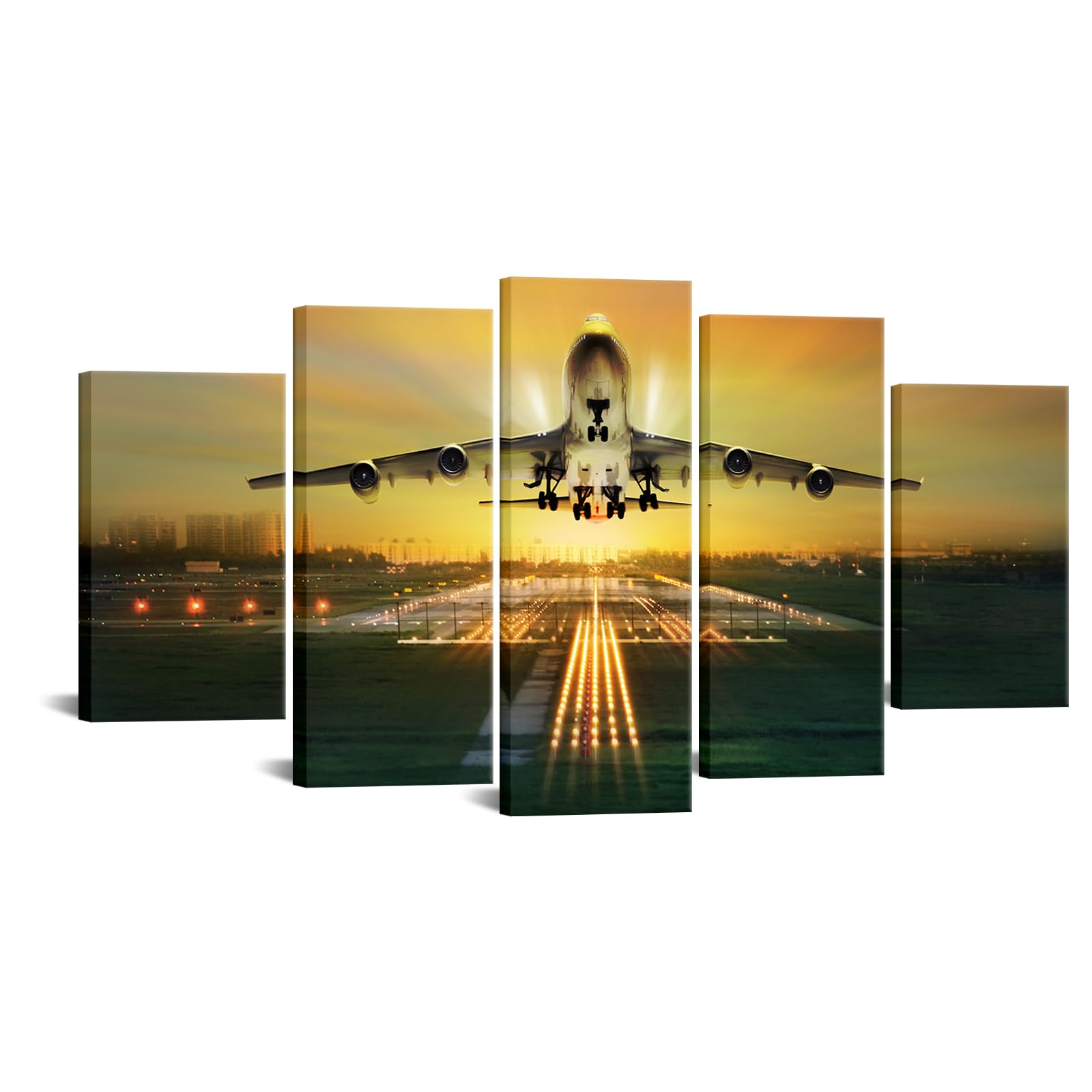 Vvovv Wall Decor 5 Piece Canvas Wall Art Airplane Wall Art Beautiful Airport Night Landscape Airplane Decor Picture,Framed Ready