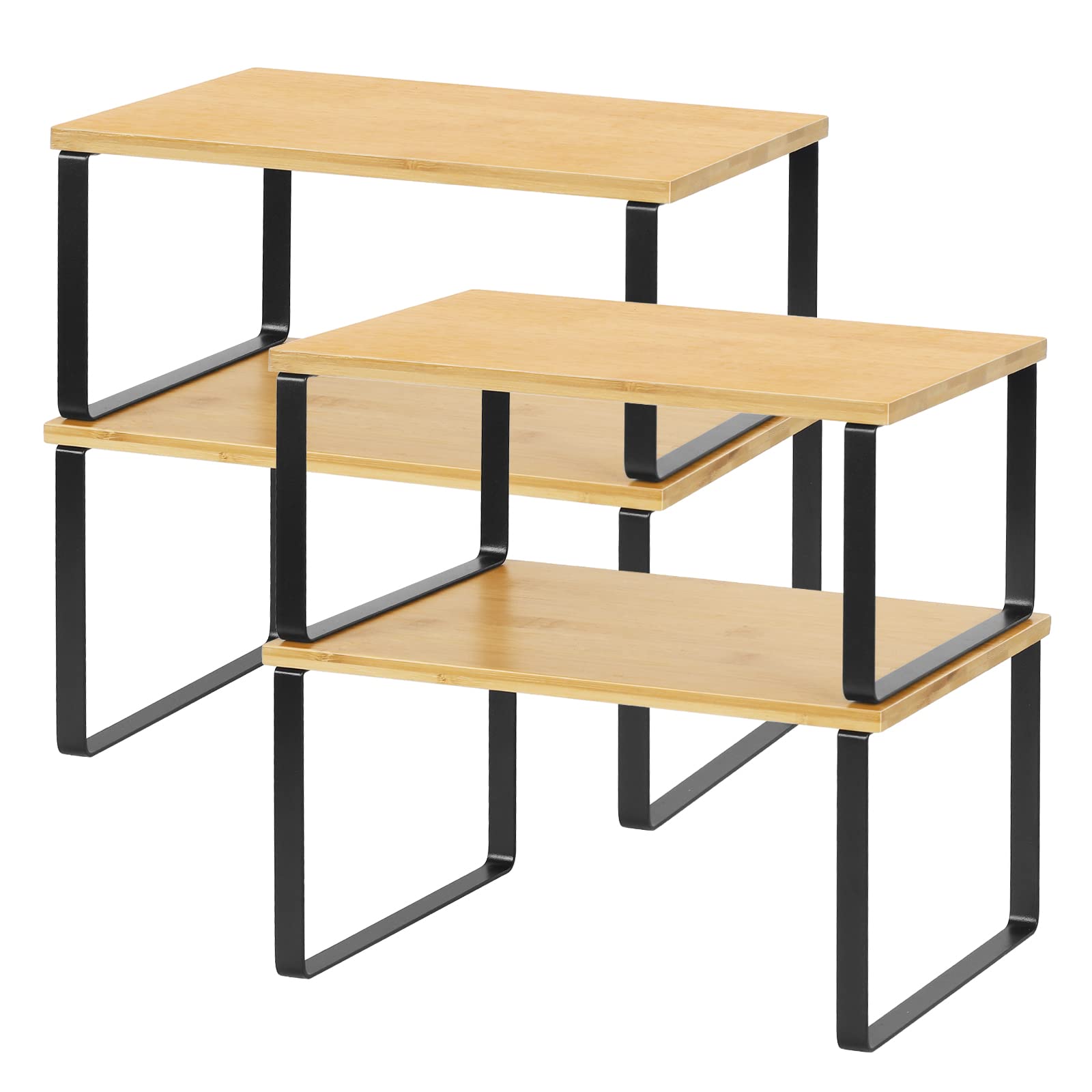 MOOACE Kitchen Cabinet and Counter Shelf Organizer, Stackable & Expandable, Set of 4, Black and Natural