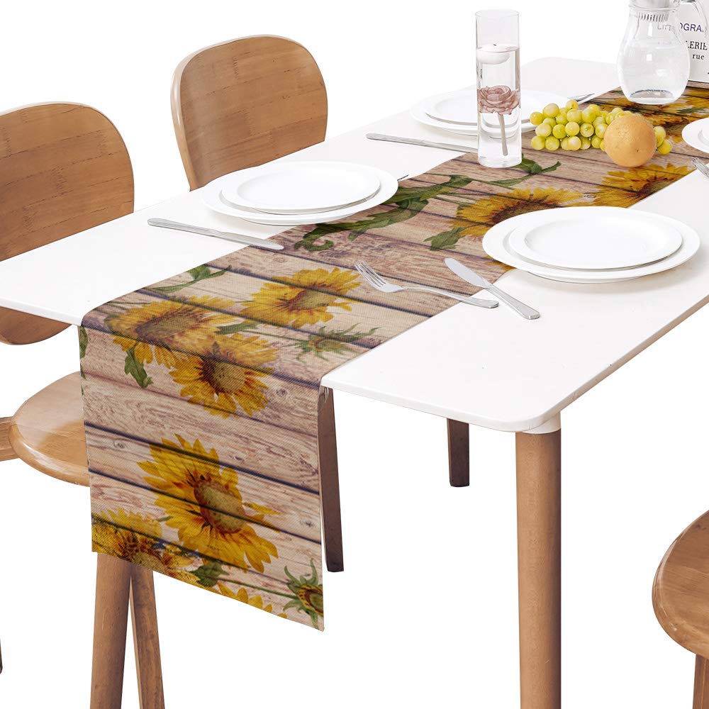 Sunflowers Rustic Table Runner-Cotton Linen-Small 36 Inche Dresser Scarves,Farmhouse Tablerunner For Kitchen Coffee/Dining/Sofa/