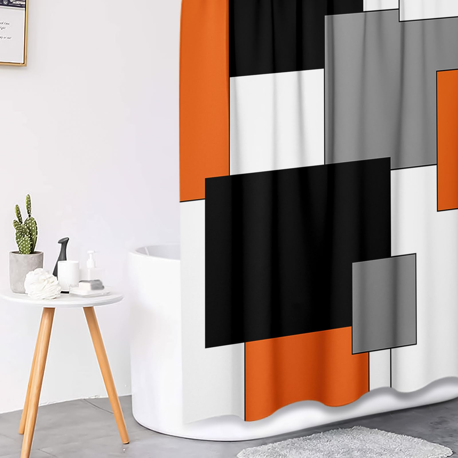 Tayney Orange Geometric Shower Curtain Set With Toilet Lid Cover And Non-Slip Rugs For Bathroom, Black White Grey Checkered 4 Pc