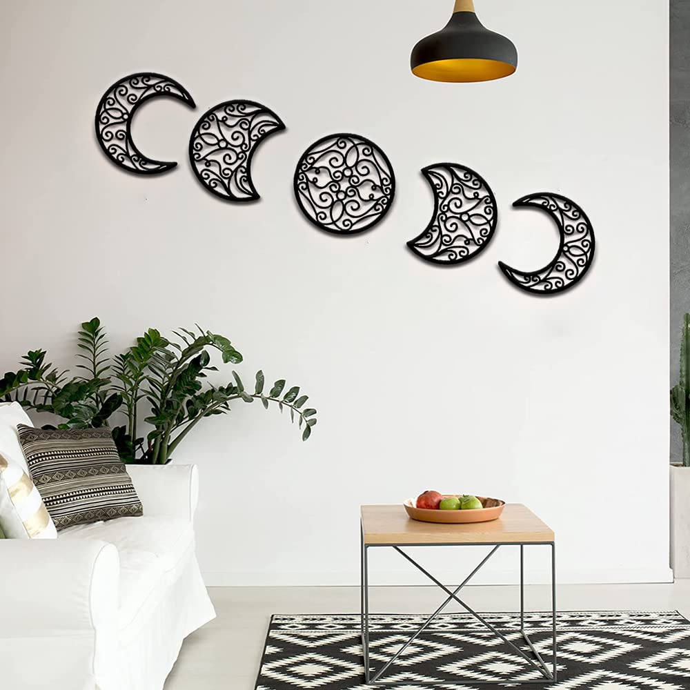 Moon Wall Decoration  Moon Phase Wall Art Decoration Hanging (5 Pieces) Nordic Wood Moon Appearance Natural Design Moon Interior  Boho Bedroom Decor Home Wall Decor (Black)