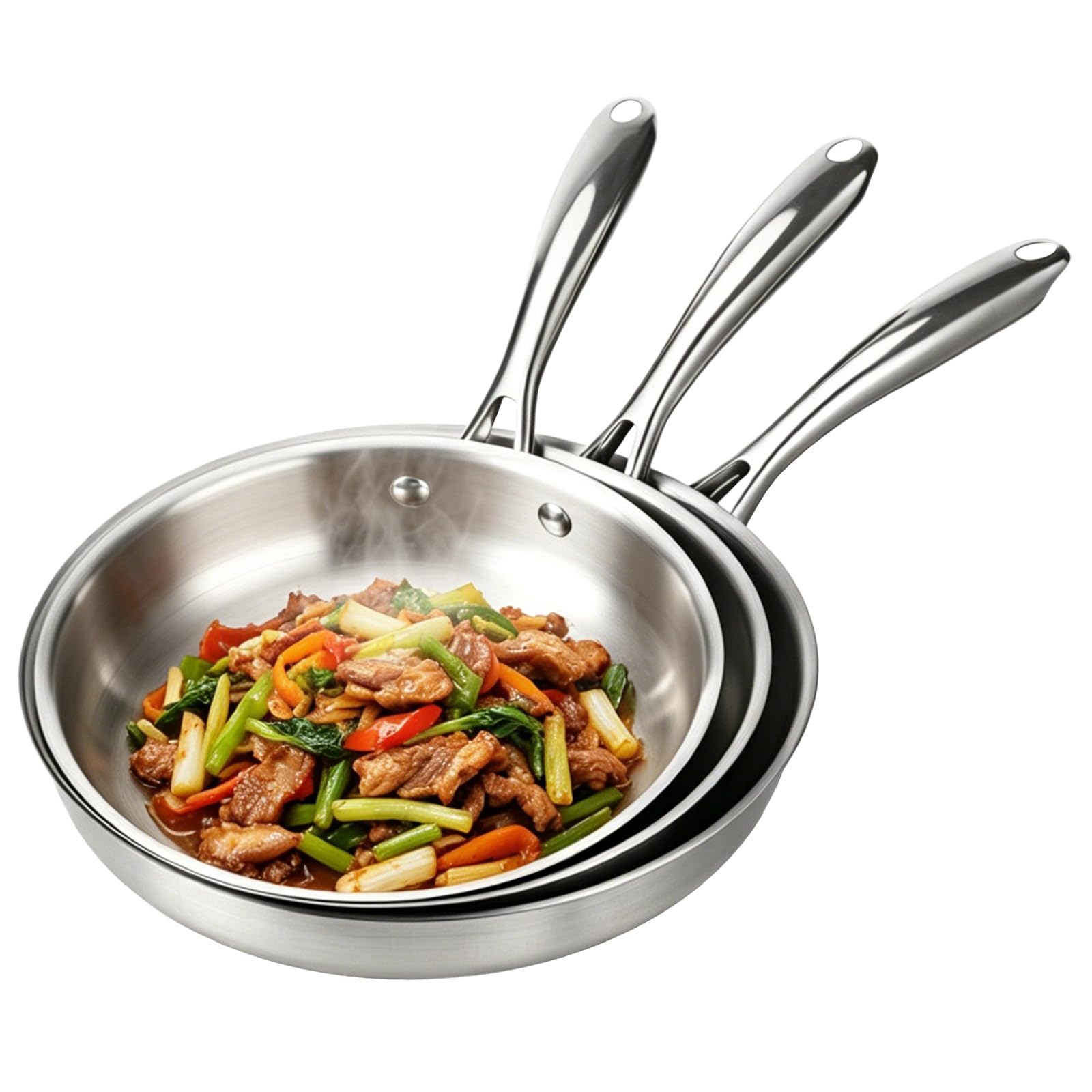 TIMCORR 3Pcs Stainless Steel Frying Pan Set, NonCoated Skillet with TriPly Construction, 9.45/10.24/11.02in(24/26/28 CM) Induc