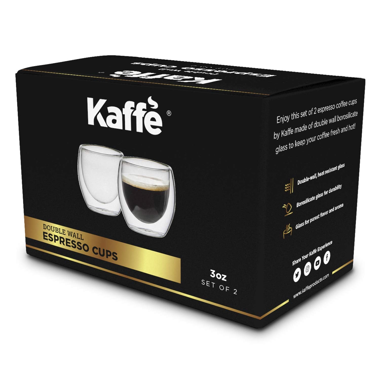 Kaffe Double Wall Insulated Glass Coffee Cups (2 X 3Oz) - Small Clear Espresso Shot Glasses - Heat Resistant Insulated Borosilic