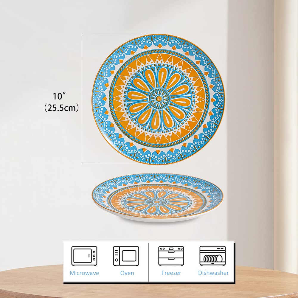 Ahx Dinner Plates Ceramic Plate Set - 10 Inch Large Porcelain Round Plate Sets Of 6 - Flat Colorful Pattern Dining Plates For Ki