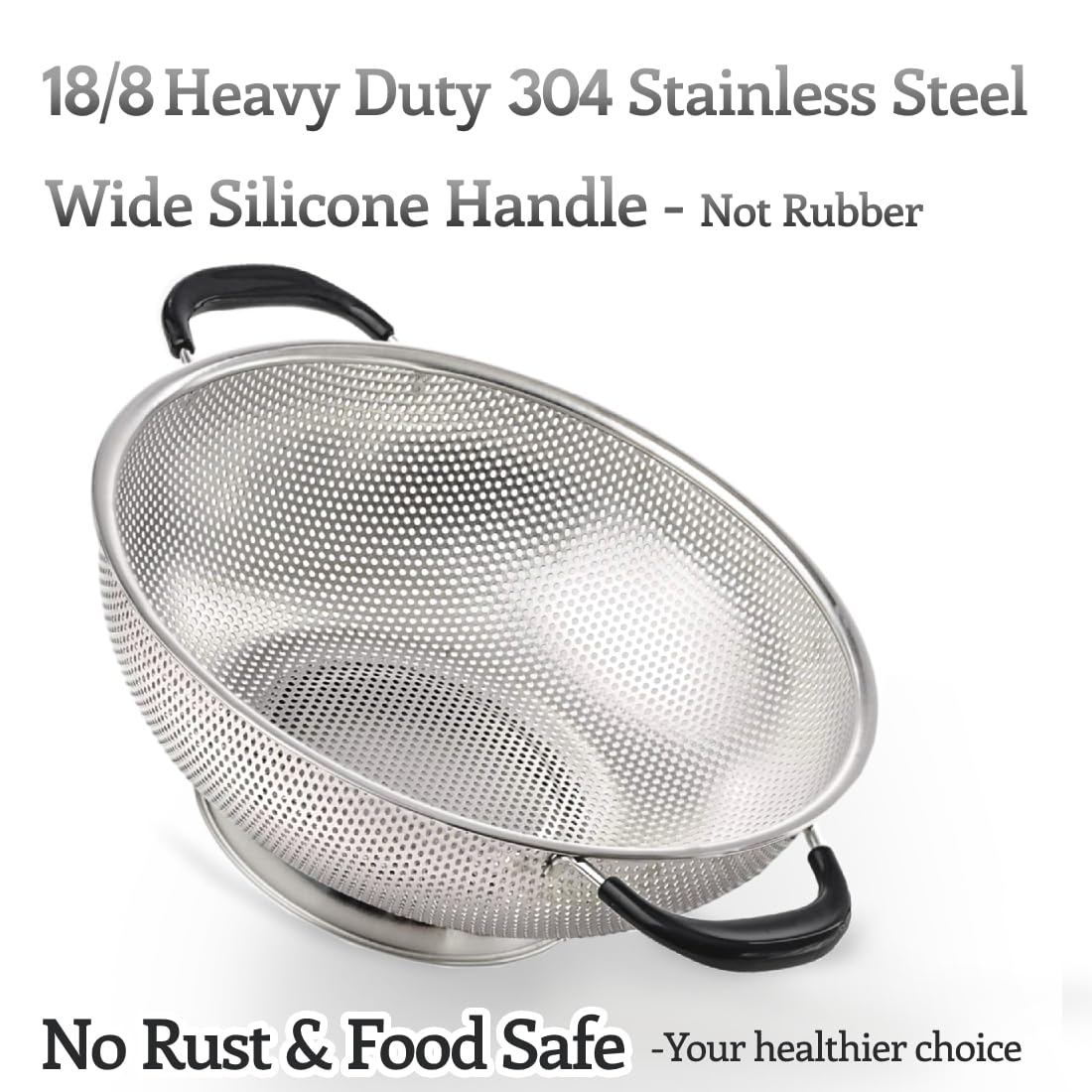 5 Qt Colander 18/8 Stainless Steel Colander Silicone Handle Easy Grip Micro-Perforated Strainer Heavy Duty And Self-Draining Sol