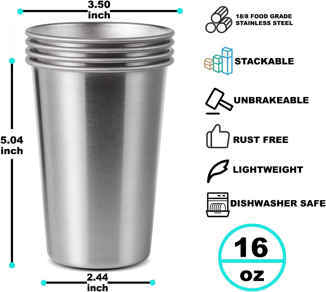 Smlixe 12 Pack 16Oz Stainless Steel Pint Cup,Healthy Unbreakable And Stackable,Metal Drinking Glasses