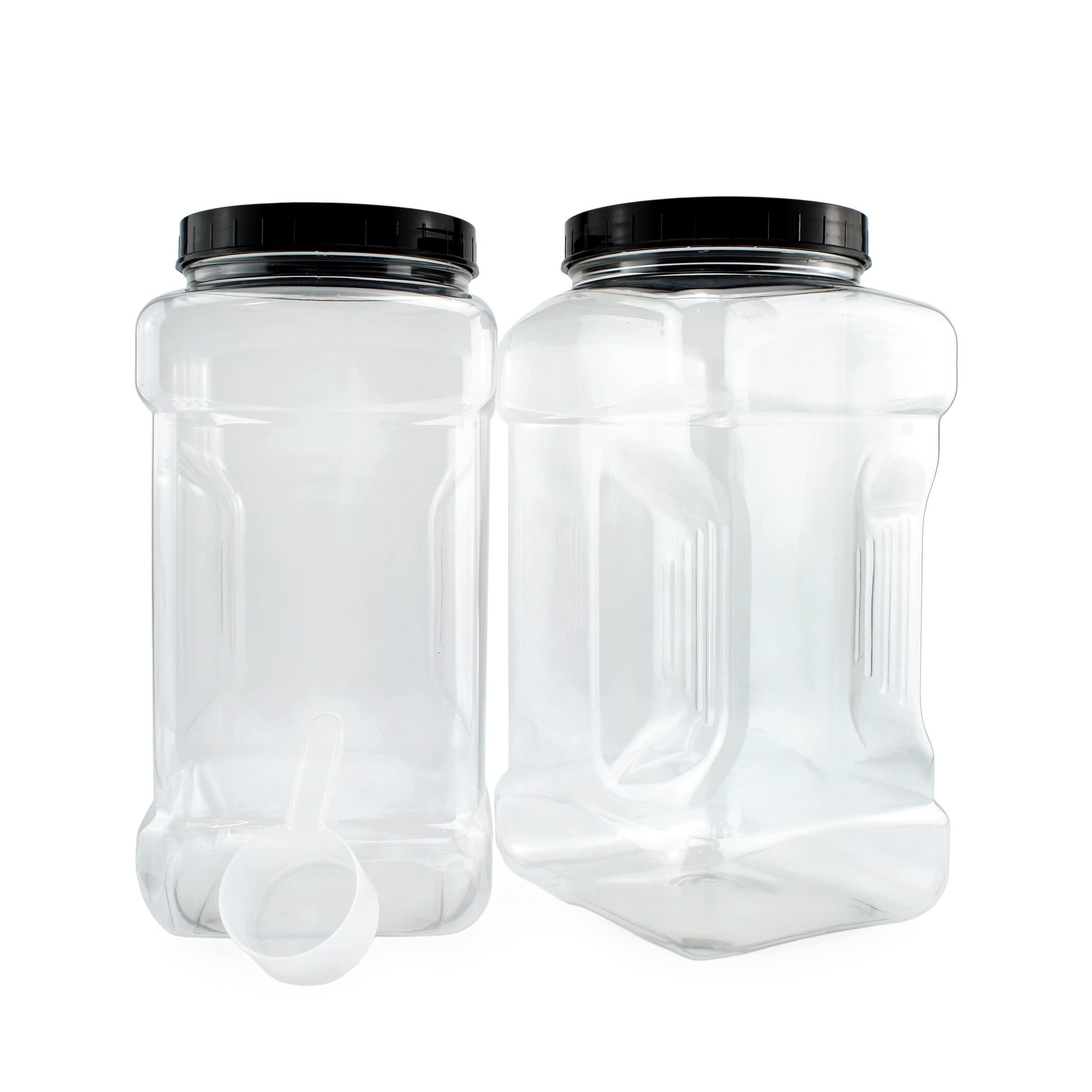 Cornucopia Square Gallon Size Clear Plastic Canisters (2Pack); 4Quart Jar Grip Containers w/ Plastic Scoops; BPAFree