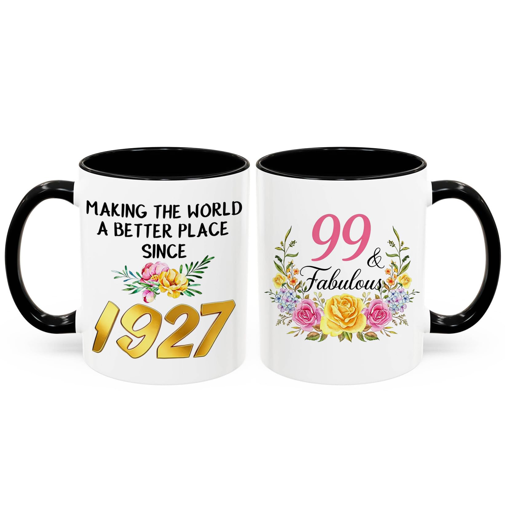 KOXAME 99 and Fabulous Birthday Gifts for Women  Floral Coffee Mug 11oz Black Handle, Making The World Better Since 1927 99th B