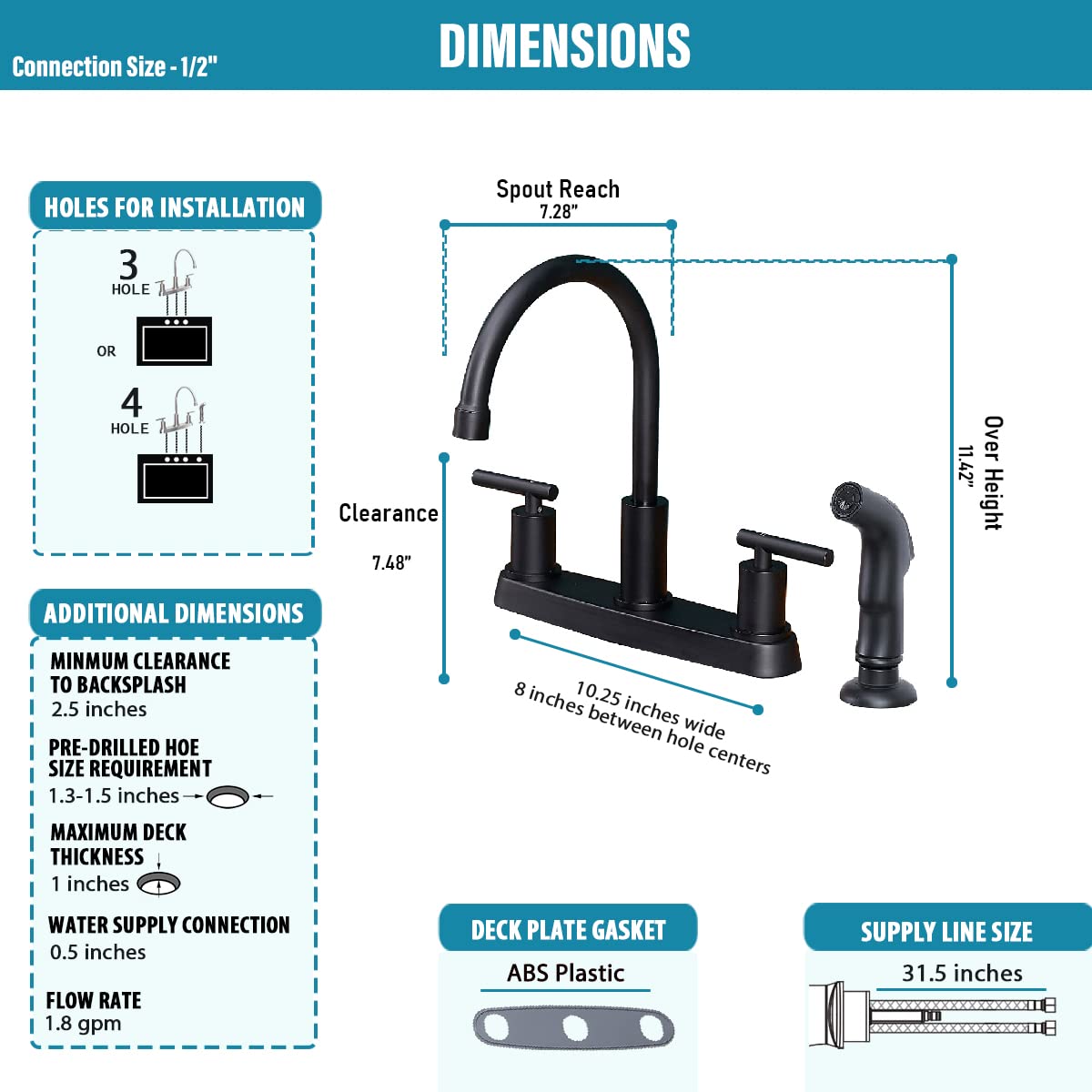 Black Kitchen Faucet  Matte Black Kitchen Faucet with Sprayer  3 Hole or 4 Hole Matte Black Faucet for Kitchen Sink  Touch Kitchen Faucet with Side Sprayer TDLKF024B