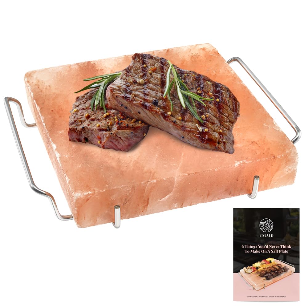 UMAID Himalayan Salt Block For Grilling, Cooking, Cutting and Serving,8X8X1.5 Food Grade Himalayan Pink Salt Stone on Stainless