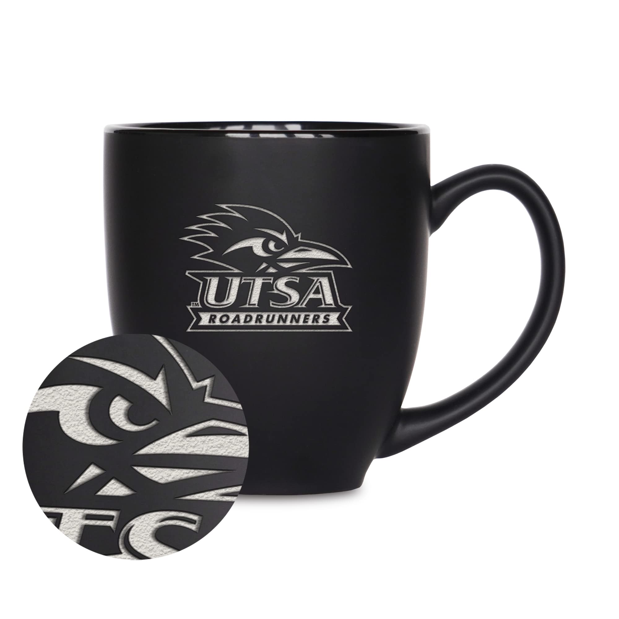 Rico Industries NCAA Texas-San Antonio Roadrunners - UTSA Main 15oz Laser Engraved Matte Black Ceramic Bistro Mug - For Hot or C