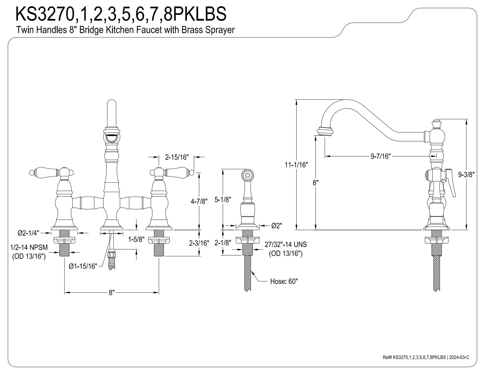 Kingston Brass KS3278PKLBS Duchess Bridge Kitchen Faucet with Brass Sprayer  Brushed Nickel