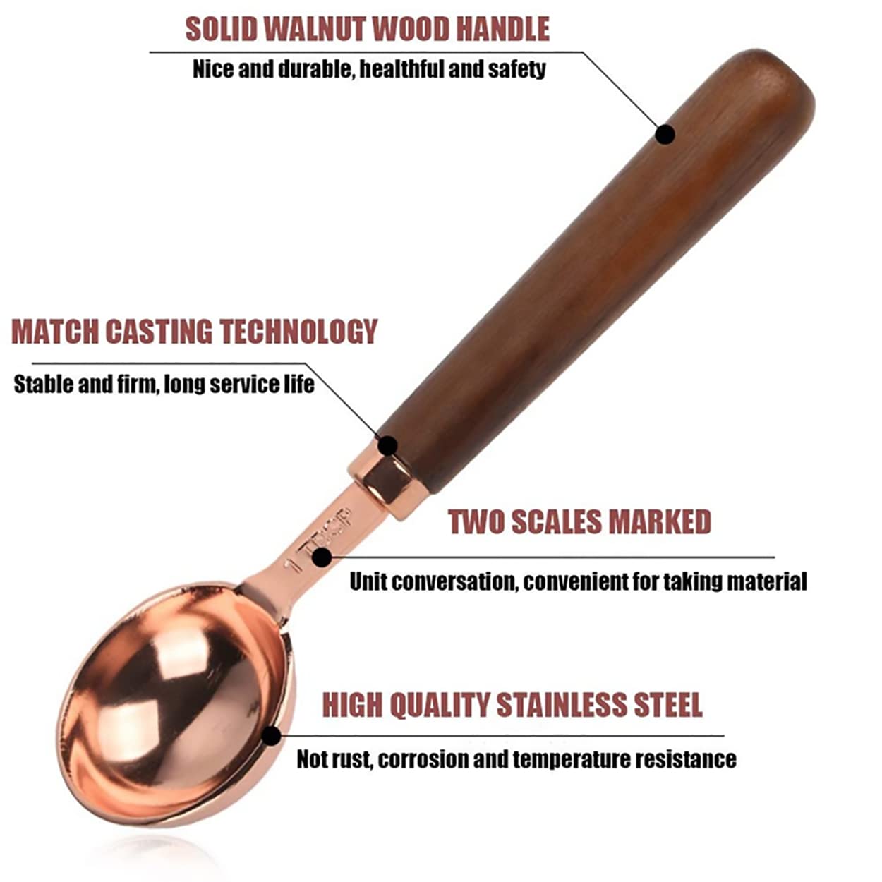 Goeielewe Set Of 4 Stainless Steel Measuring Spoons, Copper Plated Nesting Measuring Spoon Set With Walnut Wood Handle For Dry A