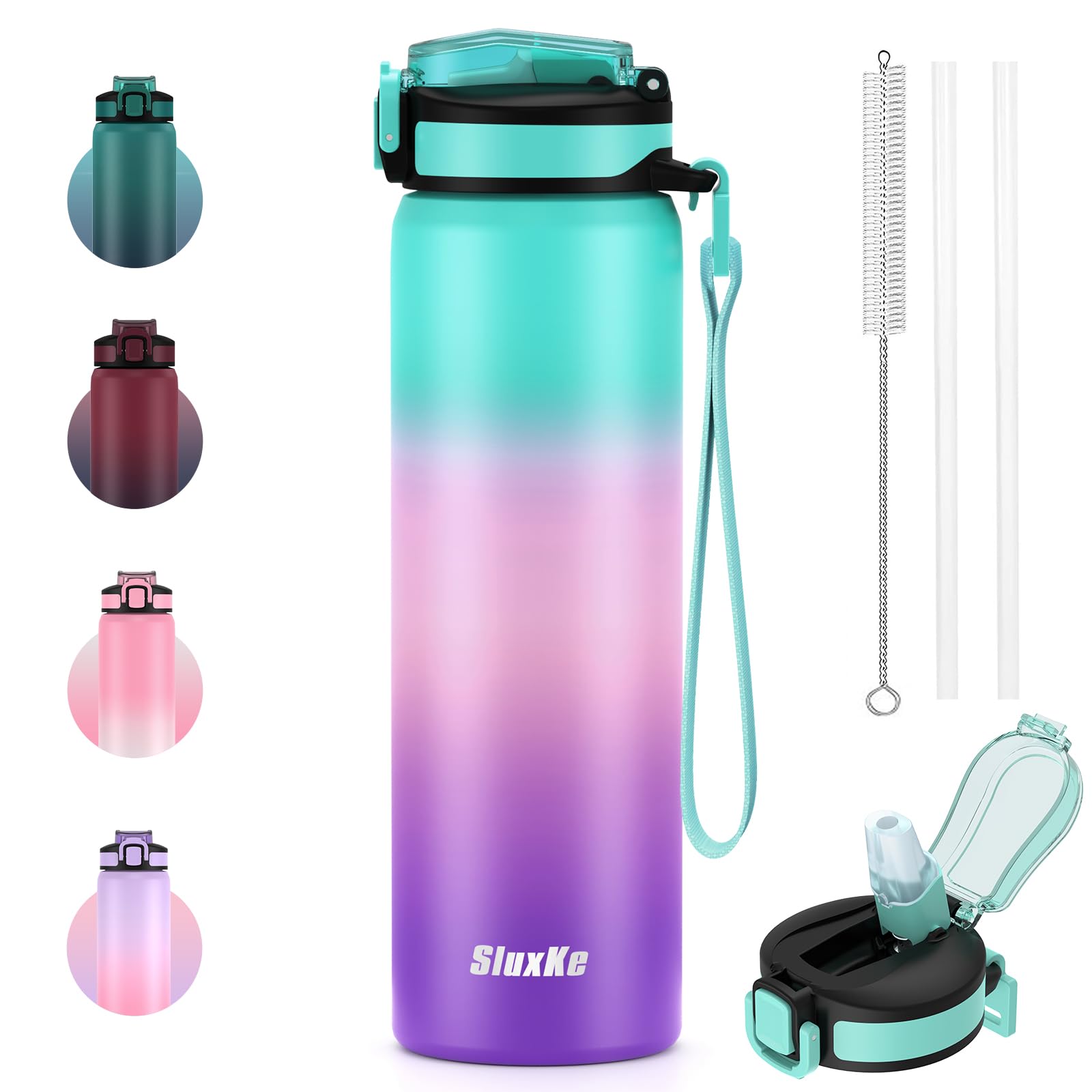 SLUXKE 24oz Water Bottle Insulated with Straw, Stainless Steel Water Bottles with Carrying Strap BPA Free, Double wall Straw Dri