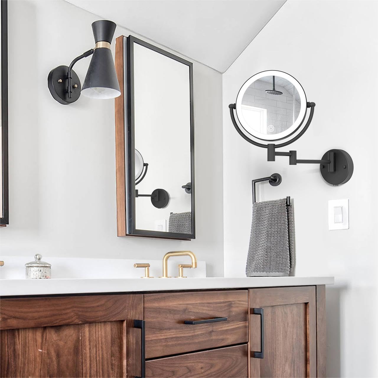 Ledoole Wall Mounted Makeup Mirror With Lights And 10X Magnification, 8-Inch Rechargeable Double Sided Magnifying, Touch Dimmabl