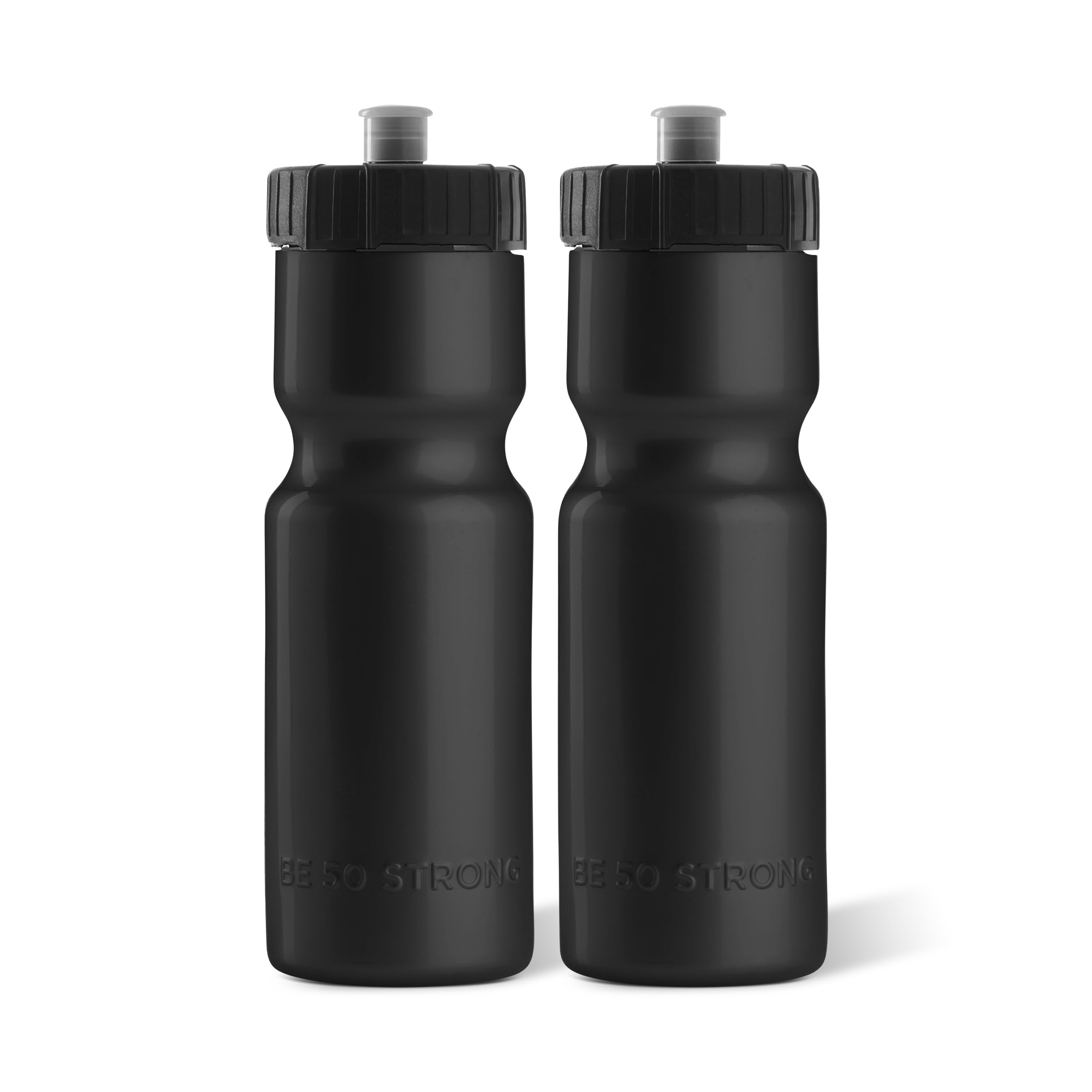 50 Strong Sports Squeeze Water Bottle 2 Pack - 22 oz. BPA Free Easy Open Push/Pull Cap - USA Made (Black)
