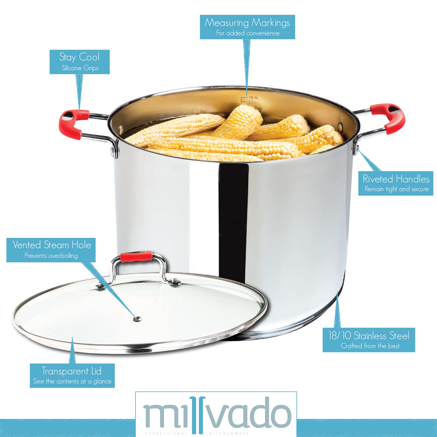 Millvado Stock Pot, Large Stainless Steel 11 Quart Stockpot, Large Cooking Pot, Clear Glass Lid And Measurement Markings, Steam