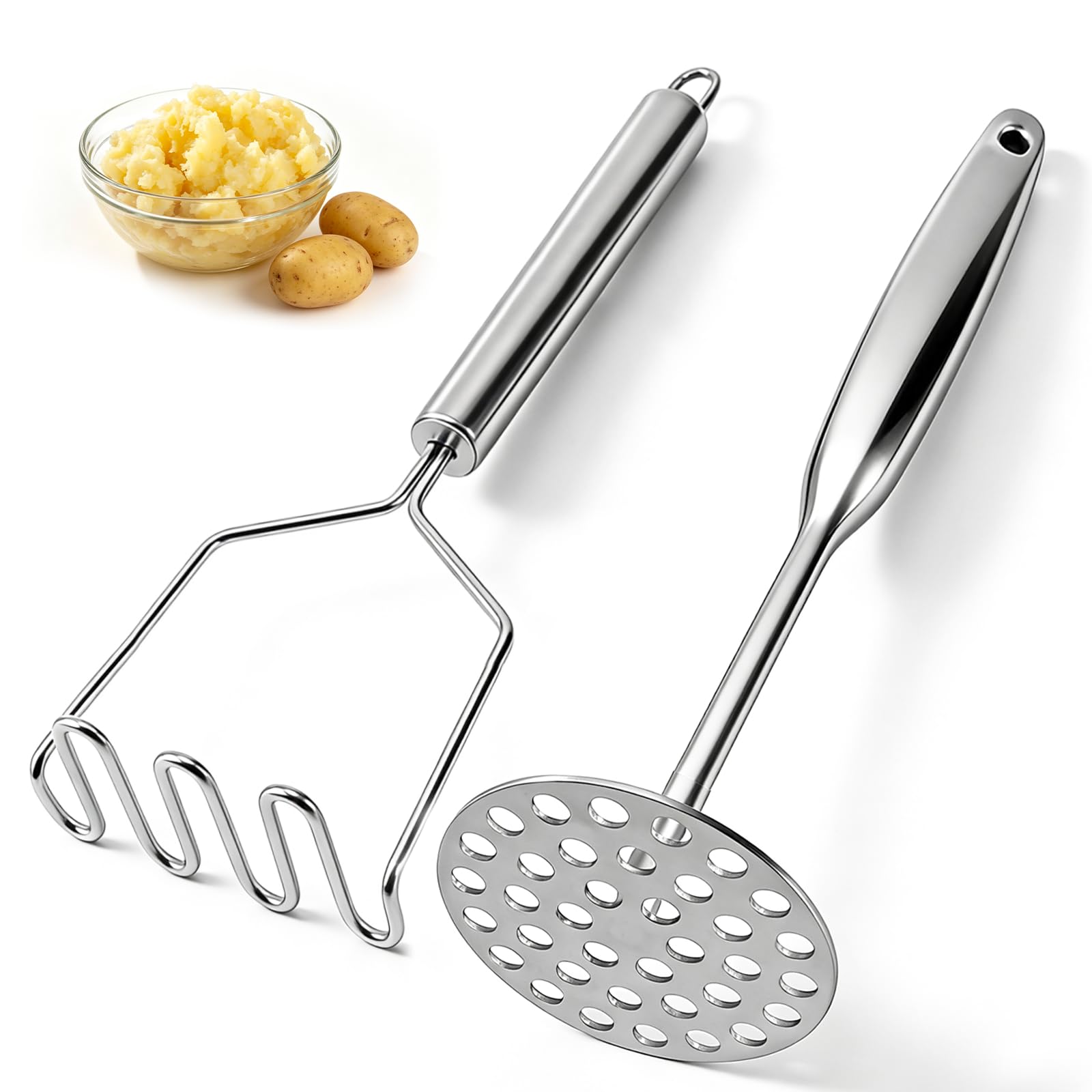 Potato Masher Stainless Steel,2-Pack Wave & Round Masher Set,Heavy Duty One-Piece Mashing Tool for Potatoes,Avocado,Ergonomic No