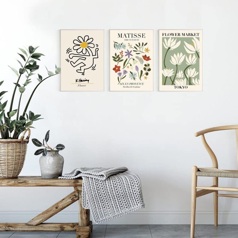 Abstract Matisse Wall Art Decor,Flower Market Prints Set Of 3,Unframed Green Wall Art Exhibition Posters,12X16In Quality Canvas