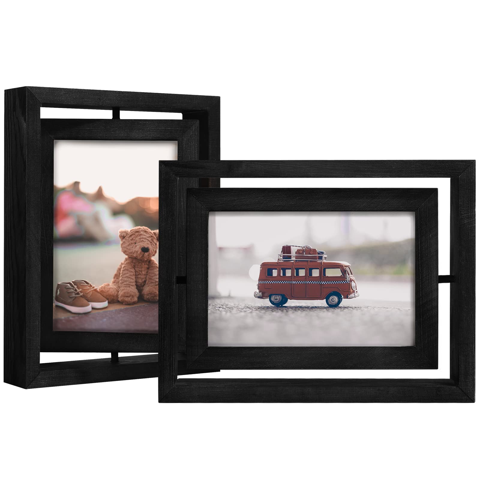 Egofine 2 Pack 4x6 Rotating Floating Picture Frames,Double-Sided Display with HD Glass Front Wooden Distressed Frame for Vertica