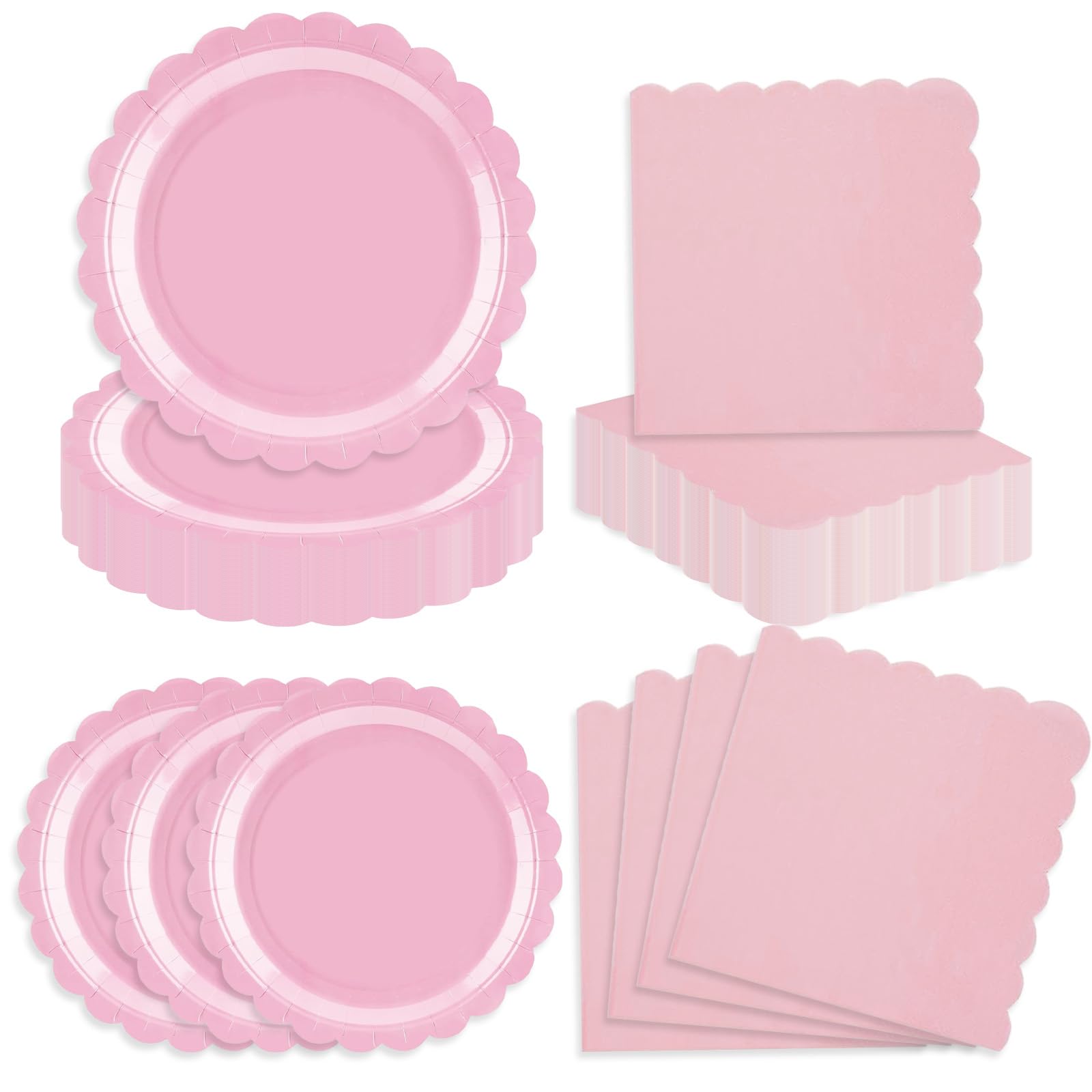 50 Pcs Light Pink Paper Plates and Napkins for Girl Themed Party, 7 Light Pink Birthday Party Scalloped Dessert Plate for Baby S