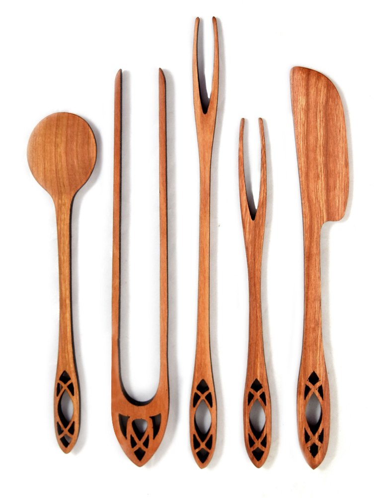 American Made 5-Piece Wild Cherry Wooden Appetizer Serving Set, Cathedral Collection: Olive Fork, Pickle Fork, Spoon, Tongs, Spr