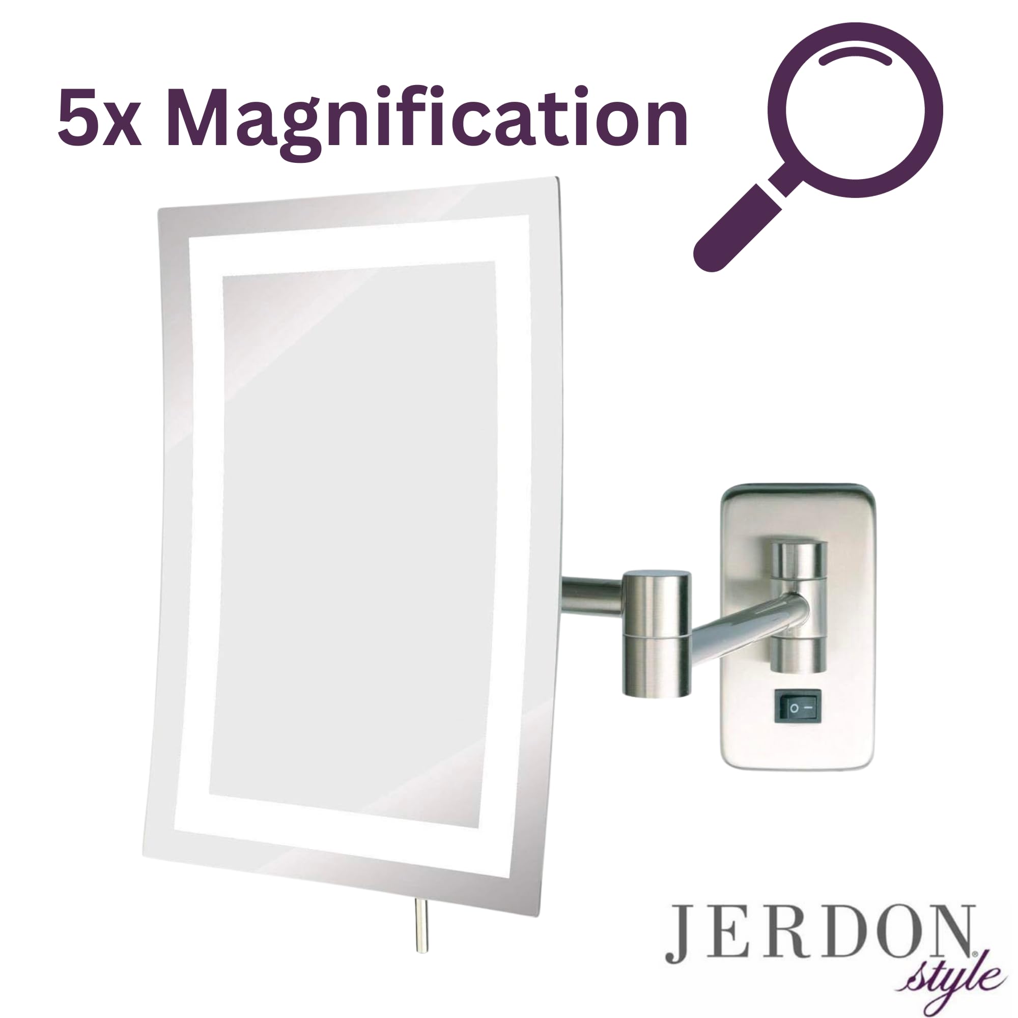 Jerdon Rectangular 6.5-Inch X 9-Inch Wall Mount Mirror - Makeup Mirror With 5X Magnification And 15.5-Inch Wall Extension - Nick