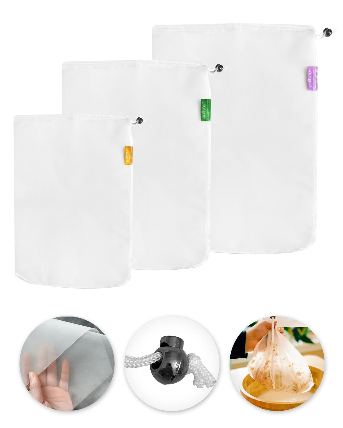 Purifyou Premium Reusable Nut Milk Bags - Set Of 3 (80, 160, 200 Microns), Cold Brew Bags And Cheese Cloths, For Straining Tea A