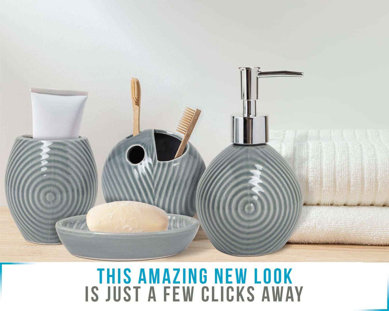 Designer 4-Piece Bathroom Accessory Set - Ceramic Bath Set W/Liquid Soap Or Lotion Dispenser, Toothbrush Holder, Tumbler And Soa