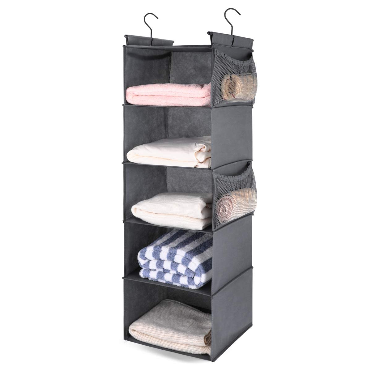 Max Houser 5 Shelf Hanging Closet Organizer, Space Saver, Cloth Hanging Shelves With 4 Side Pockets, Foldable, Grey